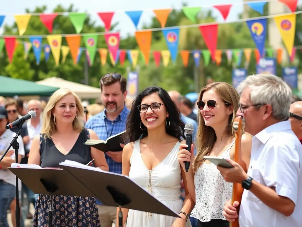 A dynamic image of the Ensemble participating in a summer cultural festival, highlighting their contribution to the local arts scene and community events.