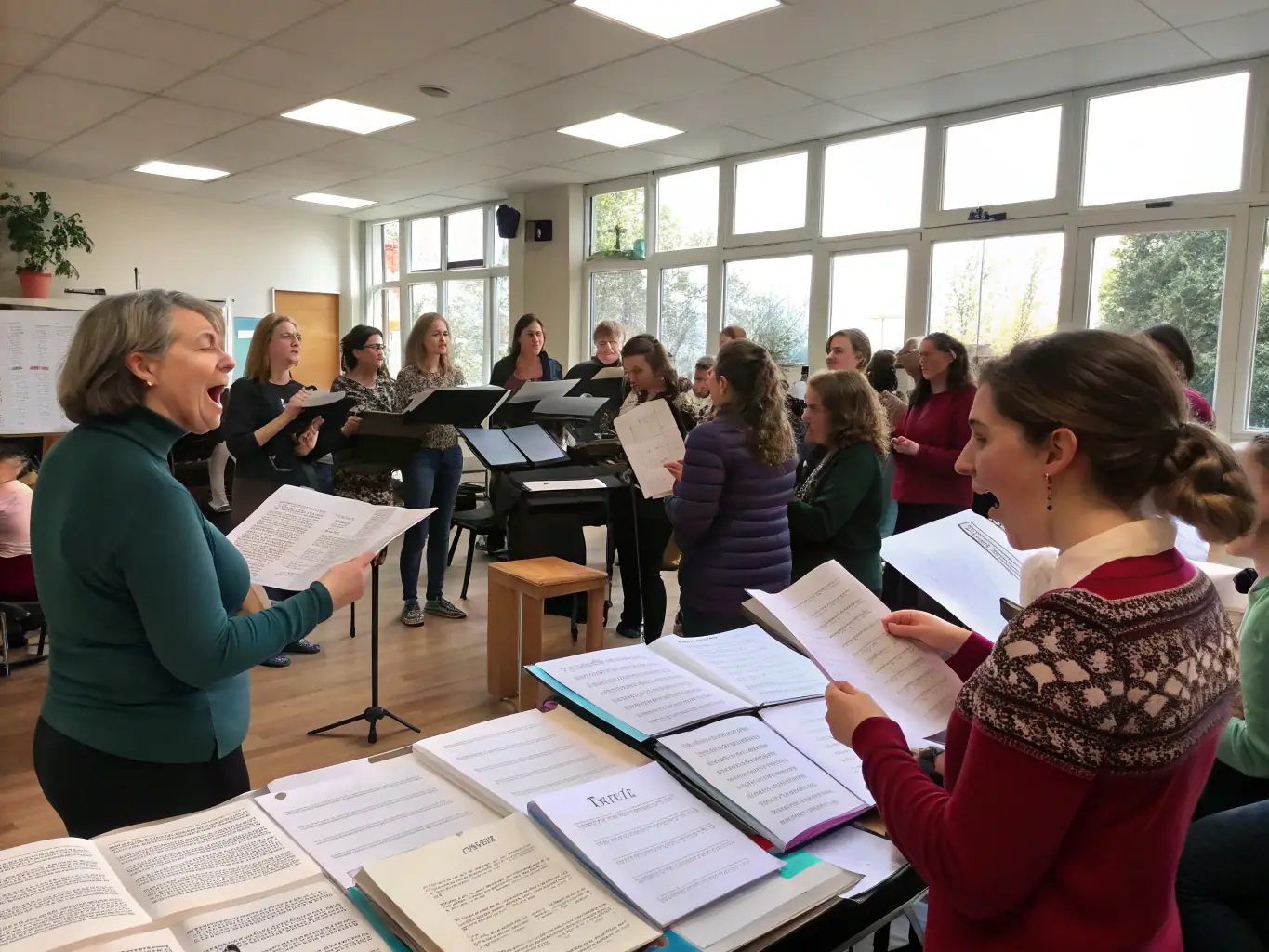 A photograph of a musical workshop in progress, with Ensemble members guiding young participants in vocal exercises and instrumental techniques.