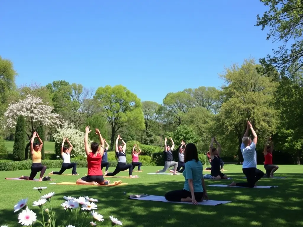 A diverse group of people practicing yoga outdoors in a park, focusing on breathing and mindfulness, with a yoga instructor guiding them.