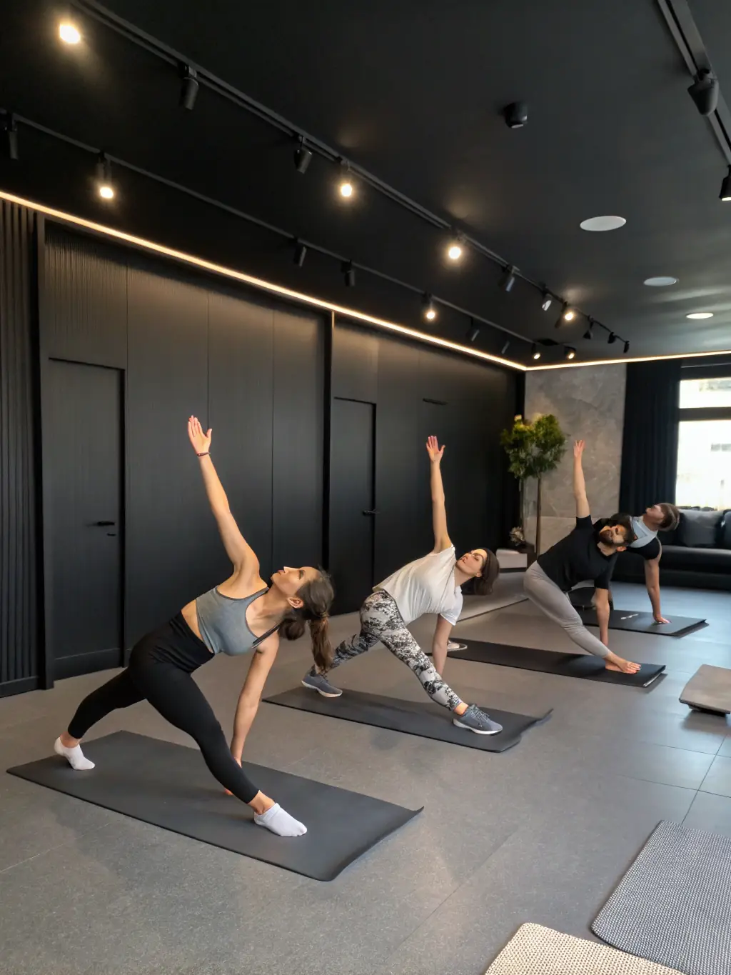 A group of diverse individuals in a yoga class, performing a balancing pose with focused expressions, showcasing the inclusive nature of the class.