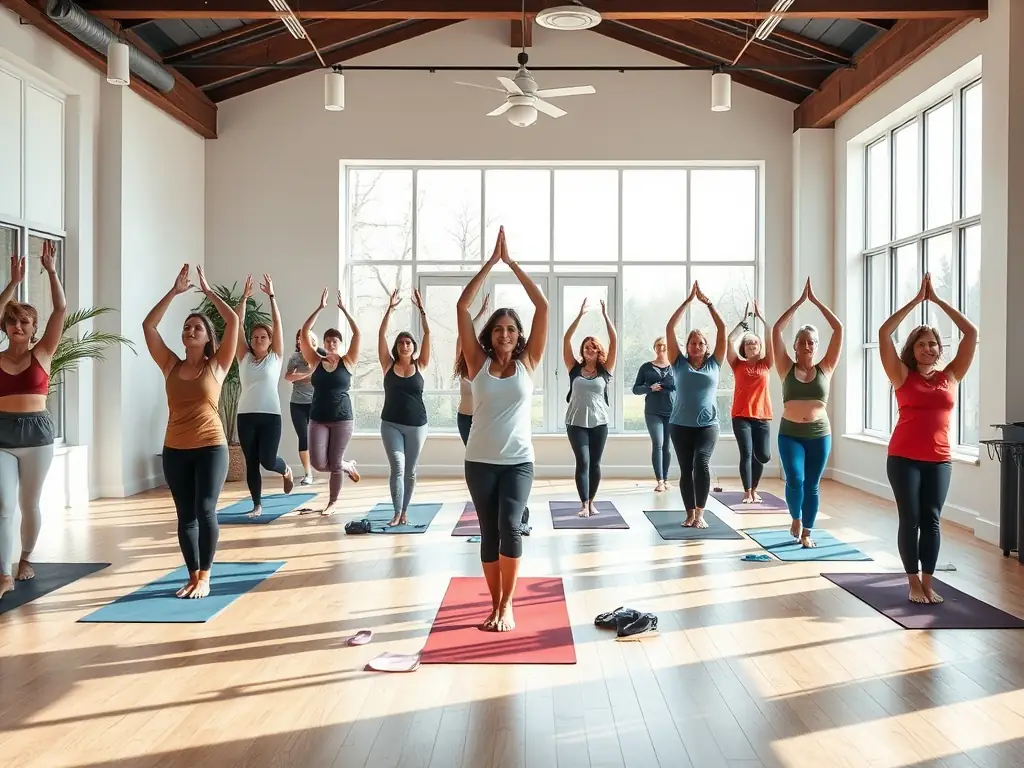 A group of diverse individuals participating in a Hatha-Yoga class at LAMBERSART YOGA CLUB (CYL), focusing on a balancing posture, with natural light streaming through the windows, emphasizing the club's commitment to health and well-being.