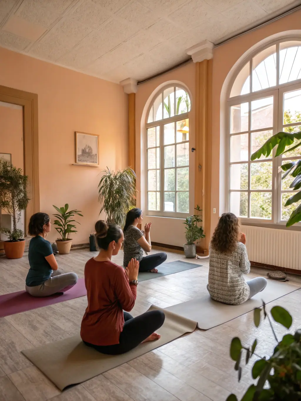 A serene image of a Hatha Yoga class in session, participants in various poses, soft natural light filtering through the windows, creating a calming atmosphere, suitable for the LAMBERSART YOGA CLUB website.