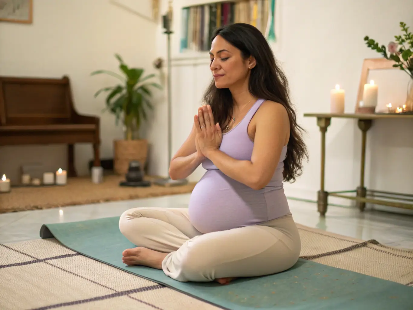 A person meditating in a peaceful yoga studio, focusing on mental clarity and relaxation, with soft lighting and calming music.