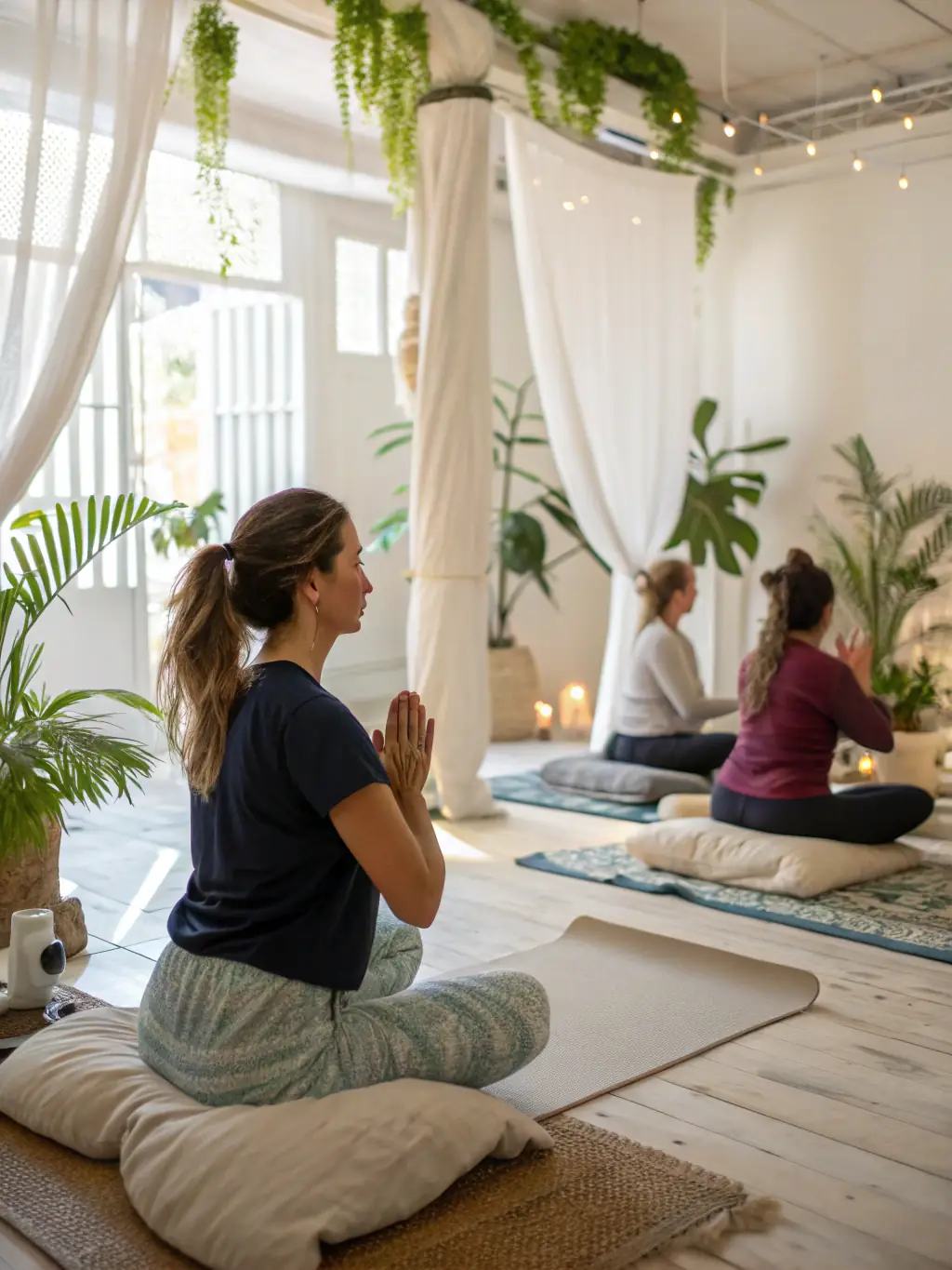 A serene yoga studio with participants practicing Hatha-Yoga postures under the guidance of an instructor, with natural light streaming through large windows.