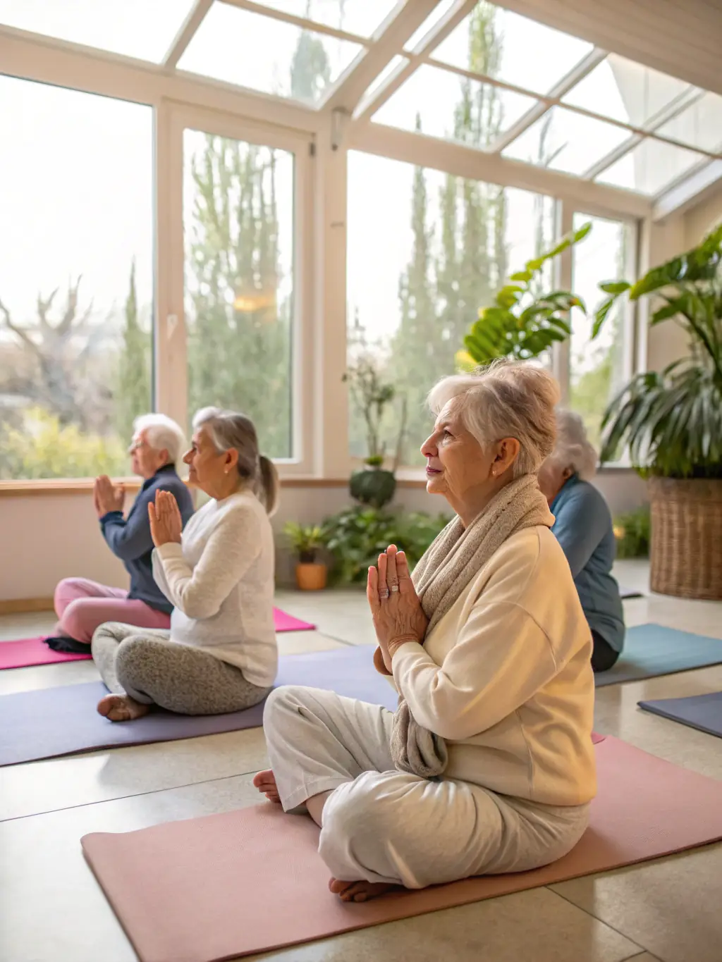 A group of senior participants practicing gentle yoga poses, with an instructor guiding them, in a well-lit and accessible studio, for the LAMBERSART YOGA CLUB website.