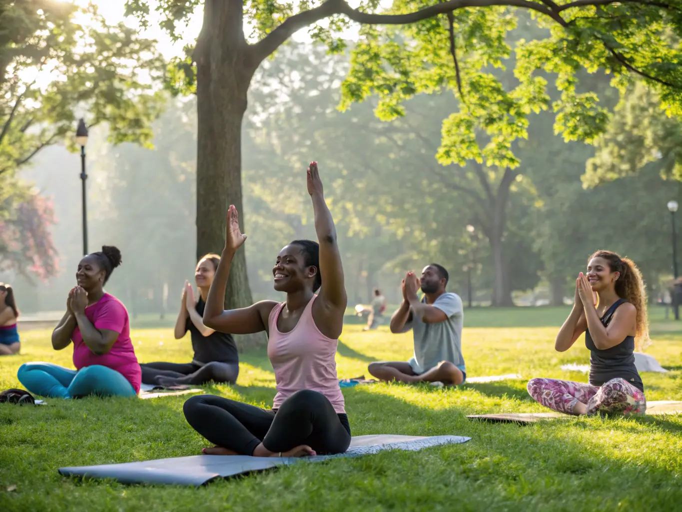 A photo of LAMBERSART YOGA CLUB (CYL) members participating in a community yoga event in a local park, showcasing the club's dedication to community engagement and promoting yoga for all ages.