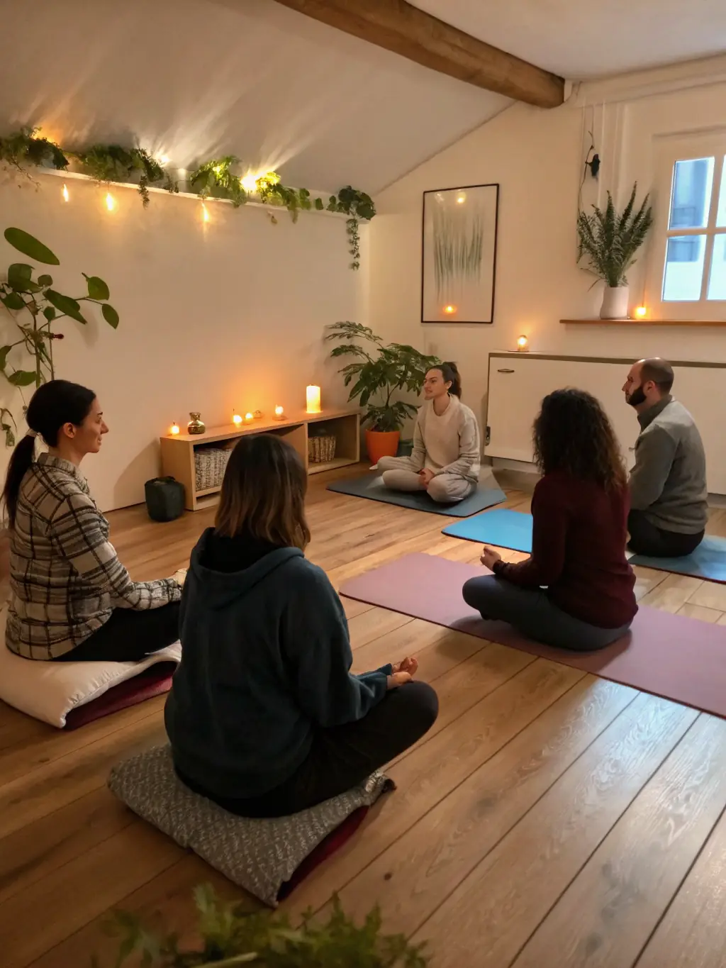 A calming image of a yoga instructor guiding a group through a meditation session, emphasizing mindfulness and inner peace at LAMBERSART YOGA CLUB.
