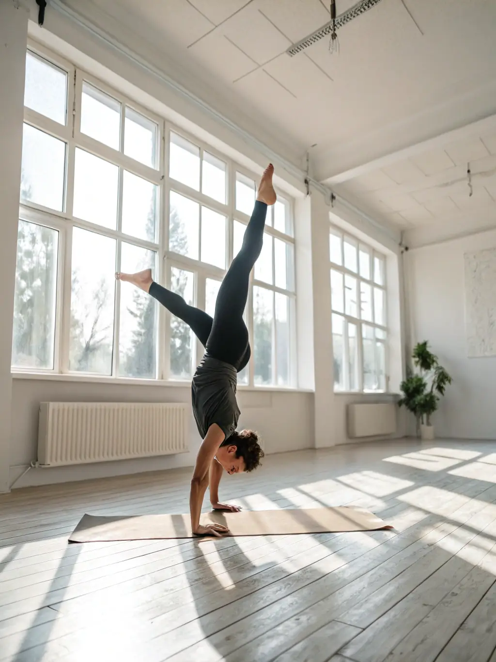 A photograph capturing an advanced yoga practitioner demonstrating a challenging Hatha Yoga pose with grace and precision at LAMBERSART YOGA CLUB.