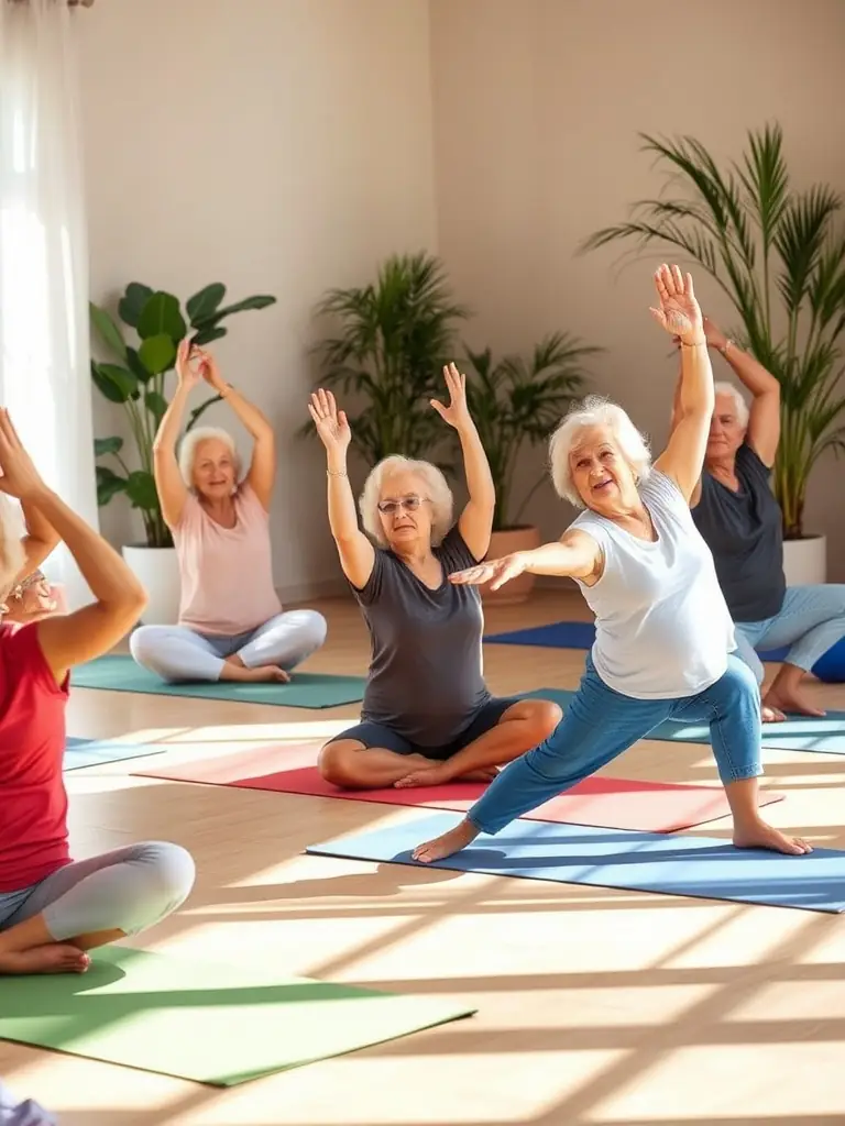 A vibrant image of a group of seniors participating in a gentle Hatha Yoga class, focusing on mobility and balance at LAMBERSART YOGA CLUB.