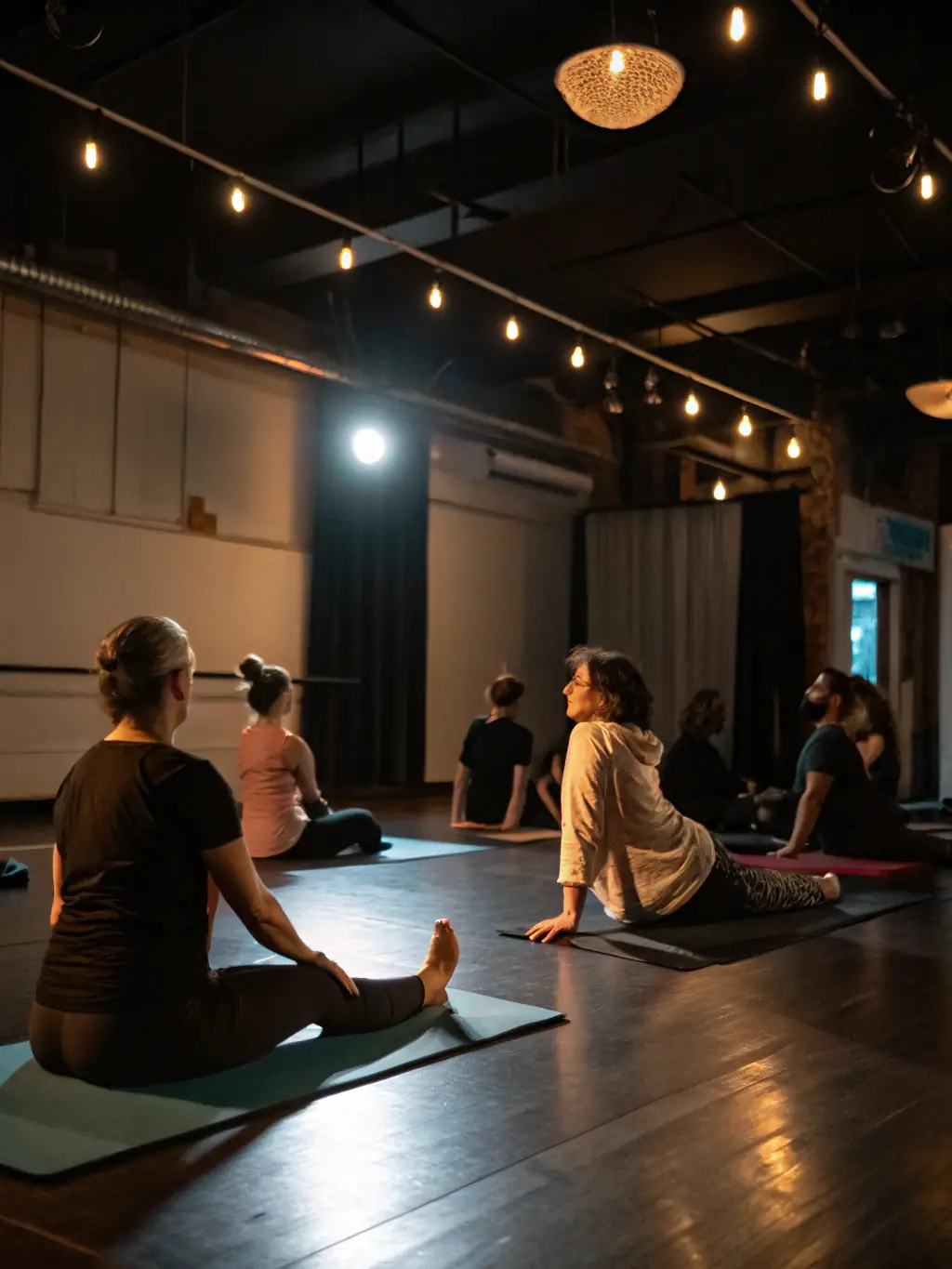 A serene image of a group of people in a Hatha Yoga class, performing a gentle stretching pose in a well-lit studio at LAMBERSART YOGA CLUB.