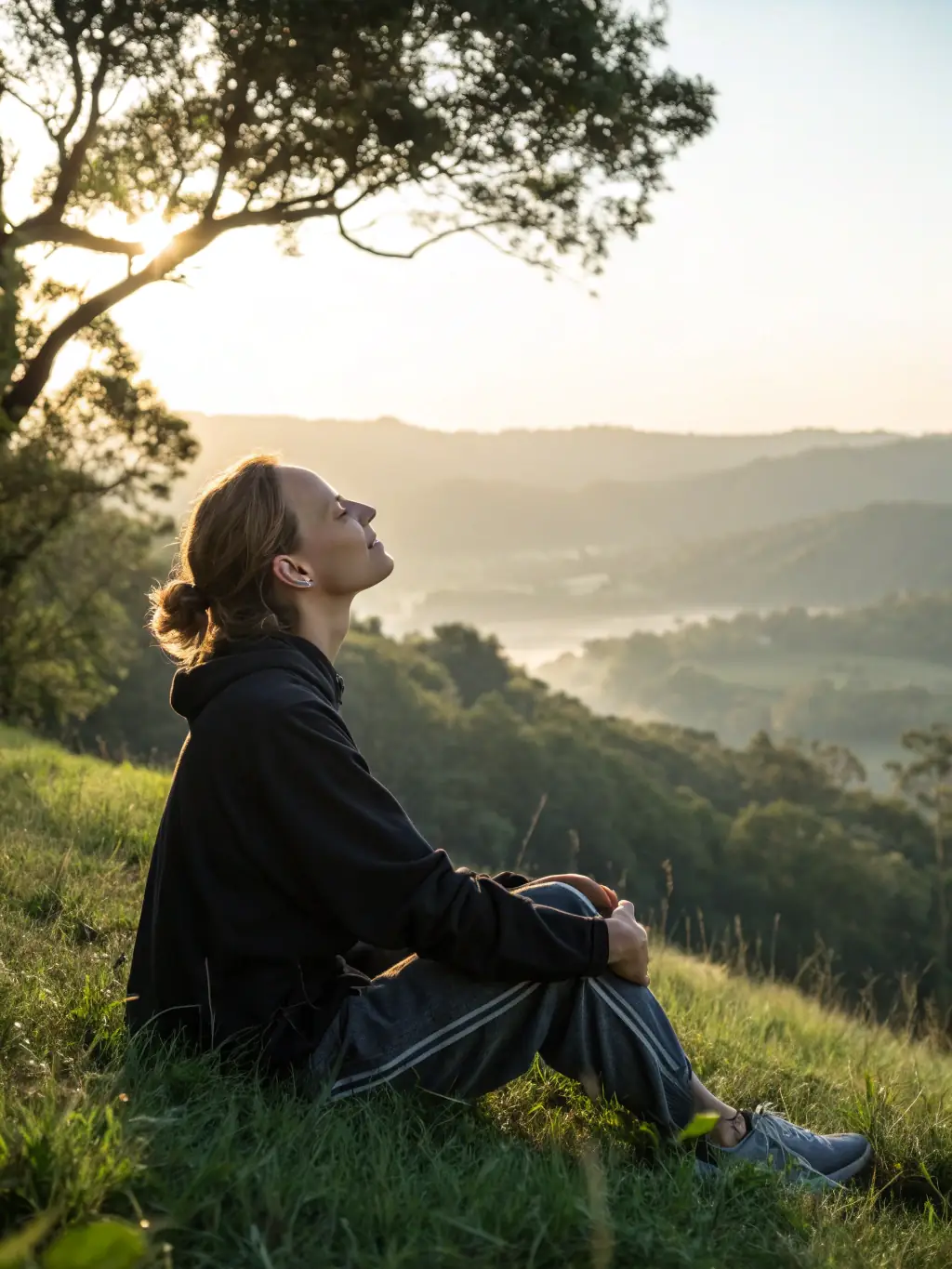 An individual meditating in a peaceful setting, with soft lighting and natural elements, representing mindfulness and inner peace, for the LAMBERSART YOGA CLUB website.