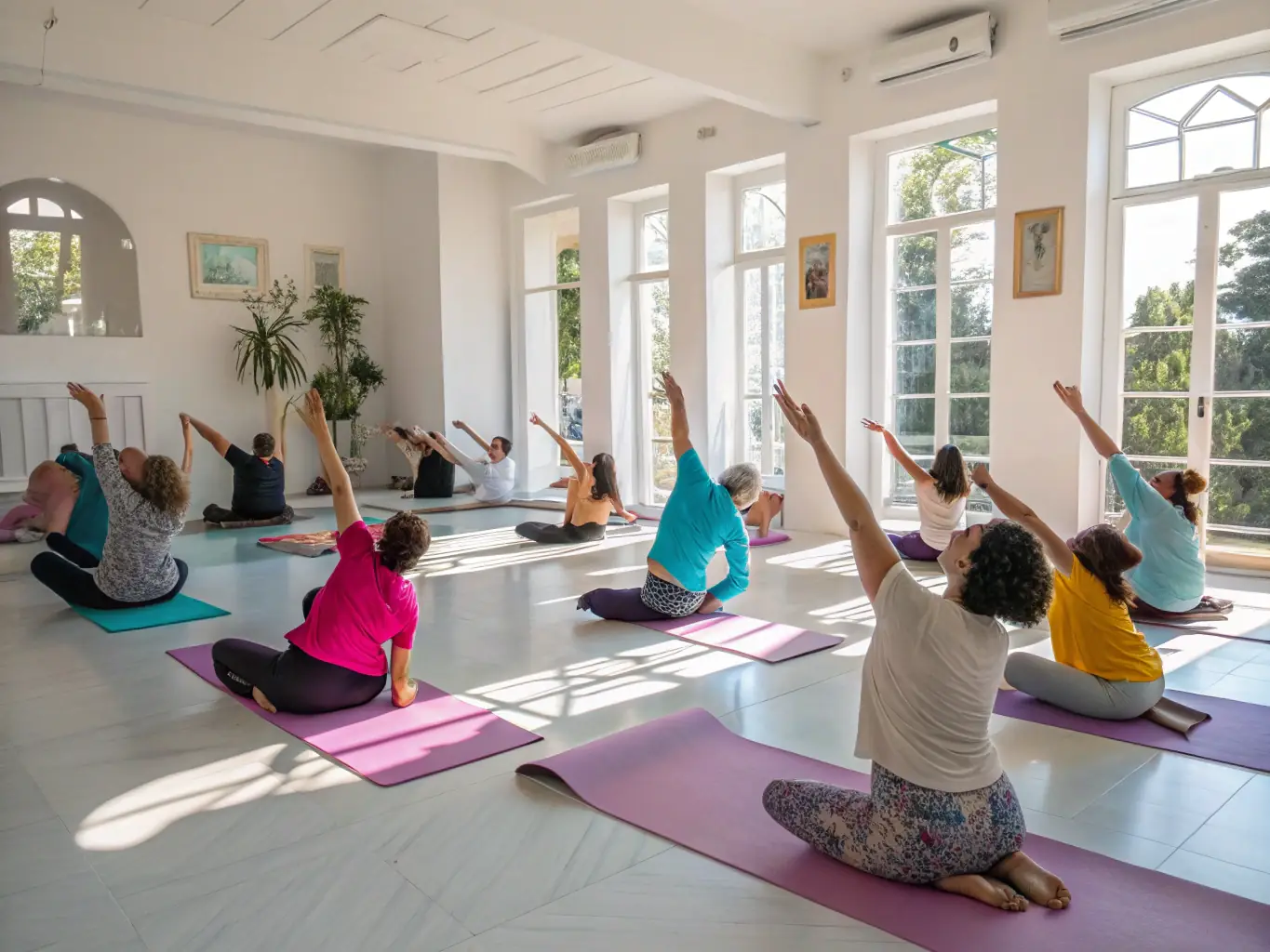 A person smiling and feeling happy after a yoga session, surrounded by other participants, showcasing the emotional and social benefits of yoga.