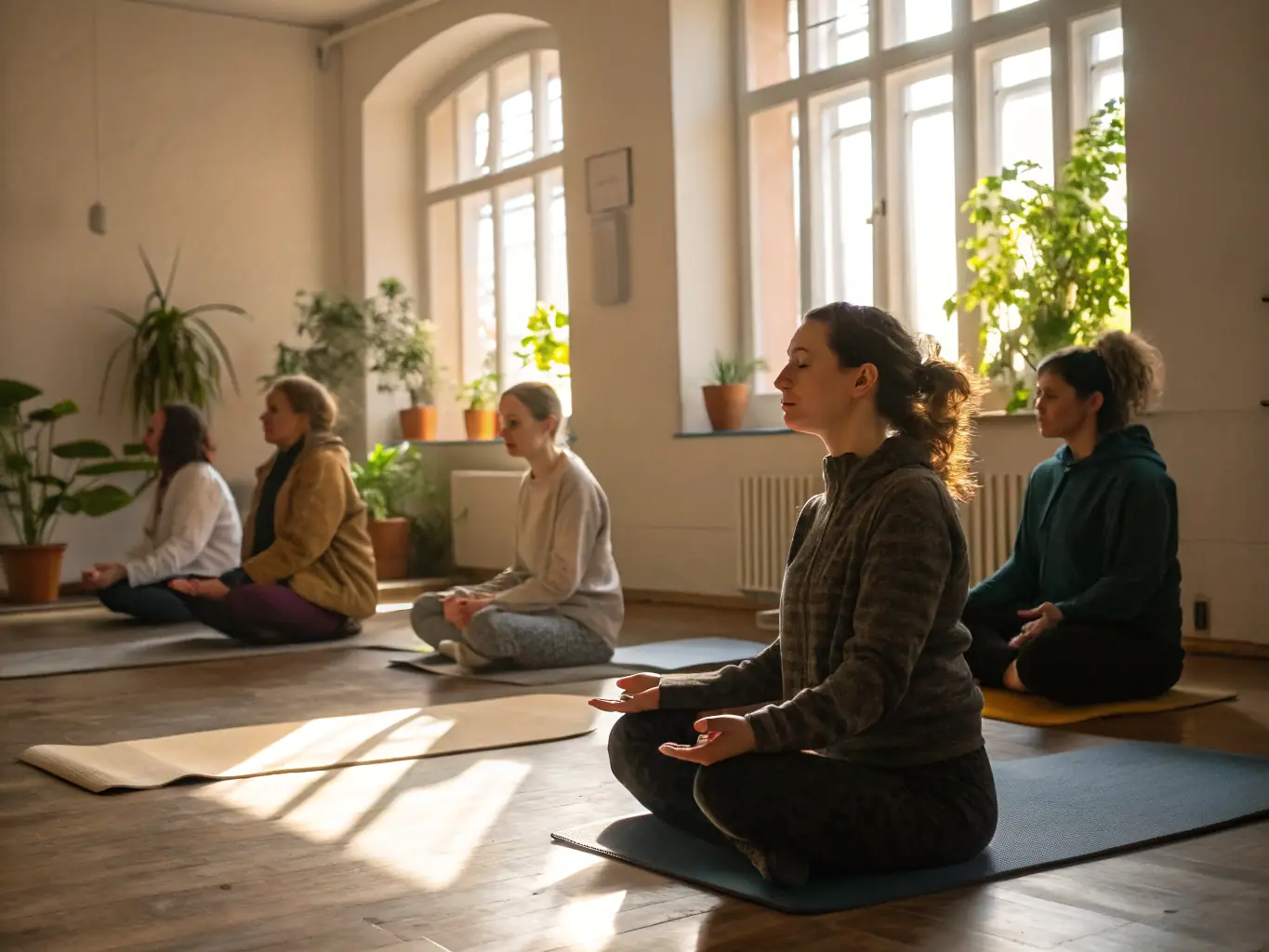 A serene image of a LAMBERSART YOGA CLUB (CYL) instructor guiding a meditation session, highlighting the club's focus on mindfulness and personal development through yoga practices.