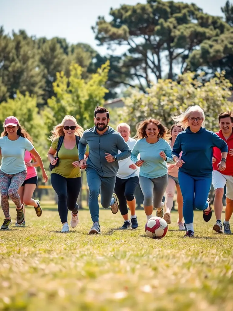 A diverse group of adults participating in a recreational football activity at FCBO FCB Les Olives, promoting fitness and social interaction.