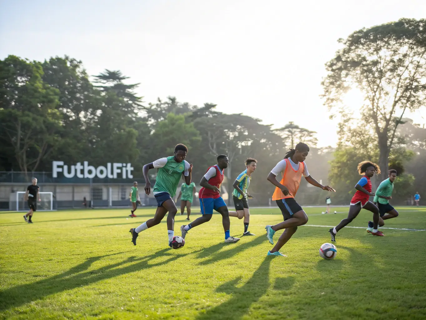 A diverse group of community members participating in a friendly football match.