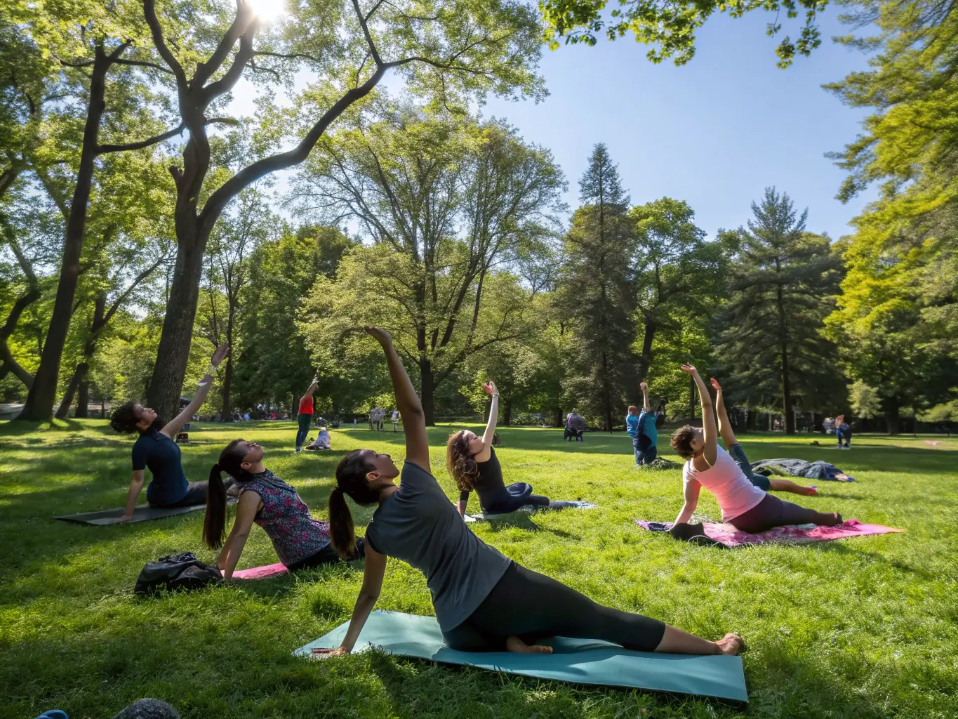 A serene image of individuals practicing yoga in a peaceful setting, emphasizing the relaxation and mindfulness aspects of the Yoga and Pilates Program.