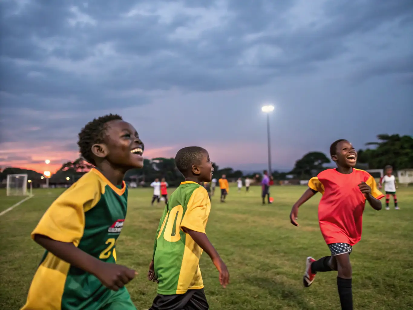 A vibrant photo of children and adults playing football on a local field, smiling and engaging in a friendly match, representing the Community Football Programs of FCBO Les Olives.