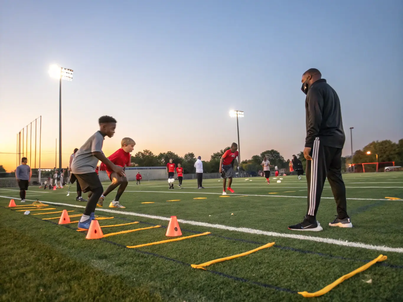 A dynamic image of a football training session, showcasing coaches instructing young players on football techniques and strategies at FCBO Les Olives.