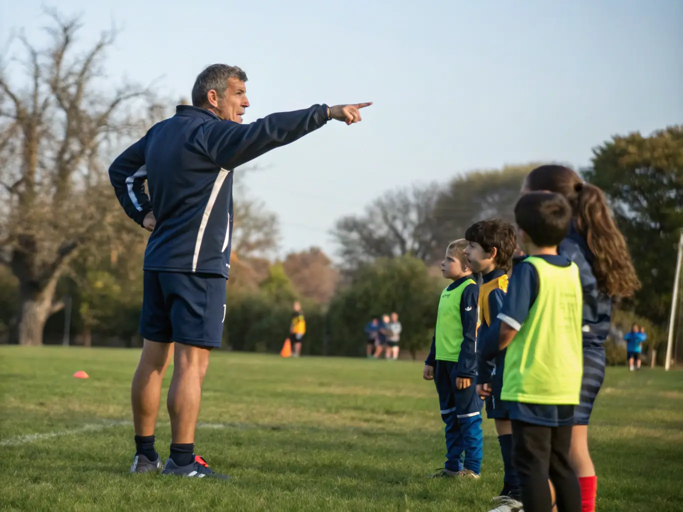 A coach giving instructions to a team of young football players during a training session.