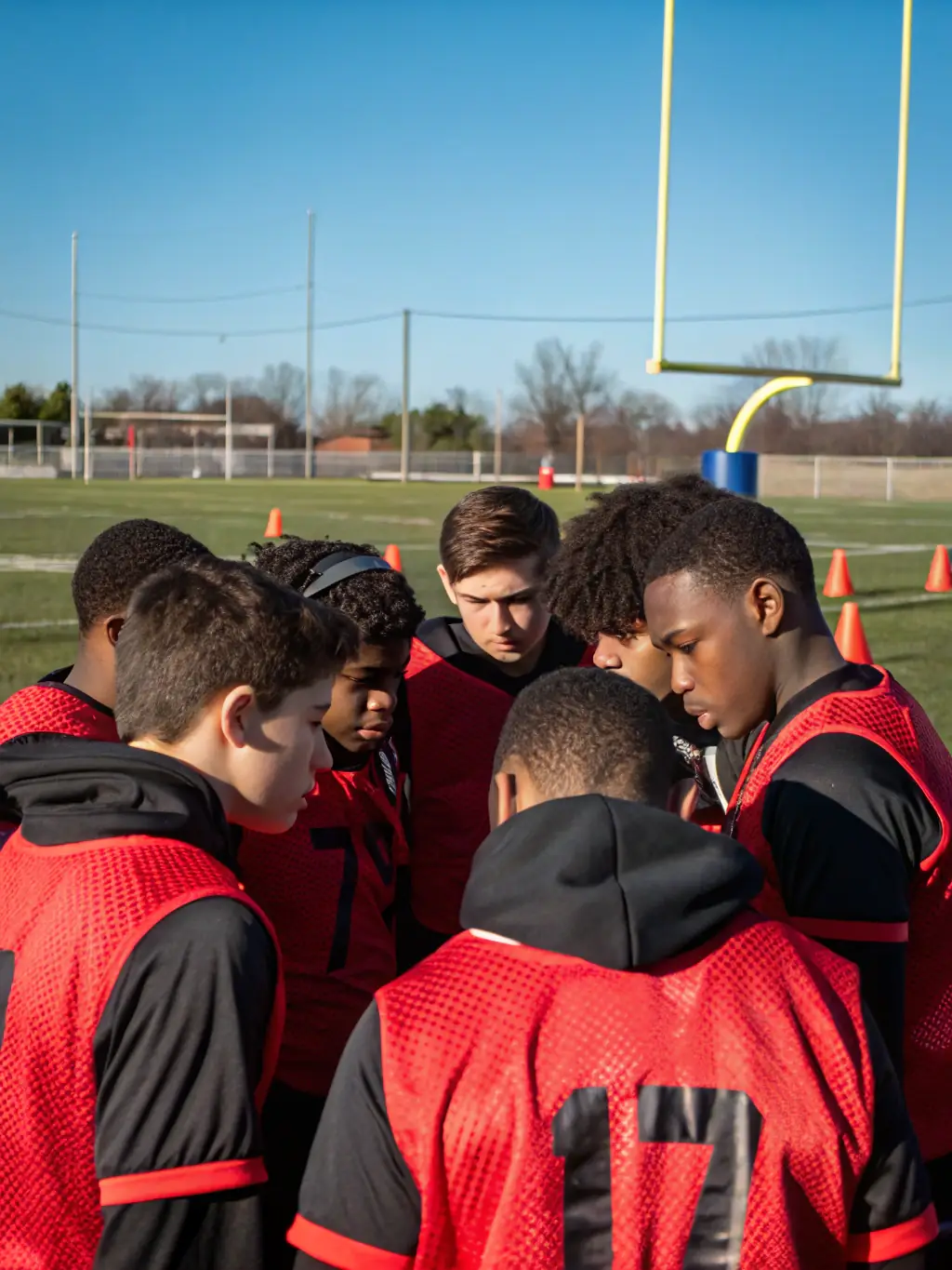 A group of teenagers participating in a football workshop at FCBO FCB Les Olives, emphasizing skill enhancement and tactical awareness.