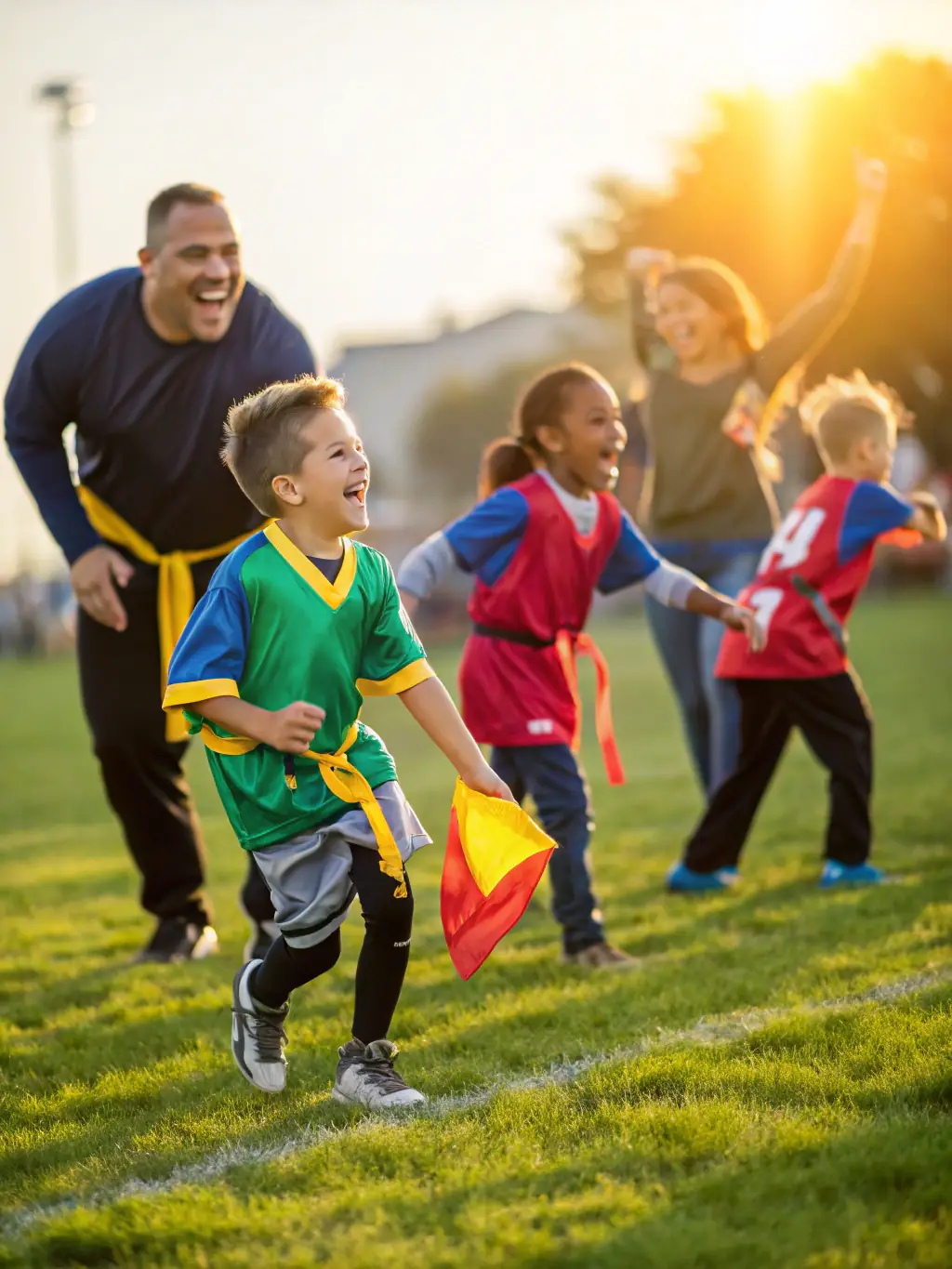 A vibrant image of young children participating in a football training session at FCBO FCB Les Olives, showcasing teamwork and fun.