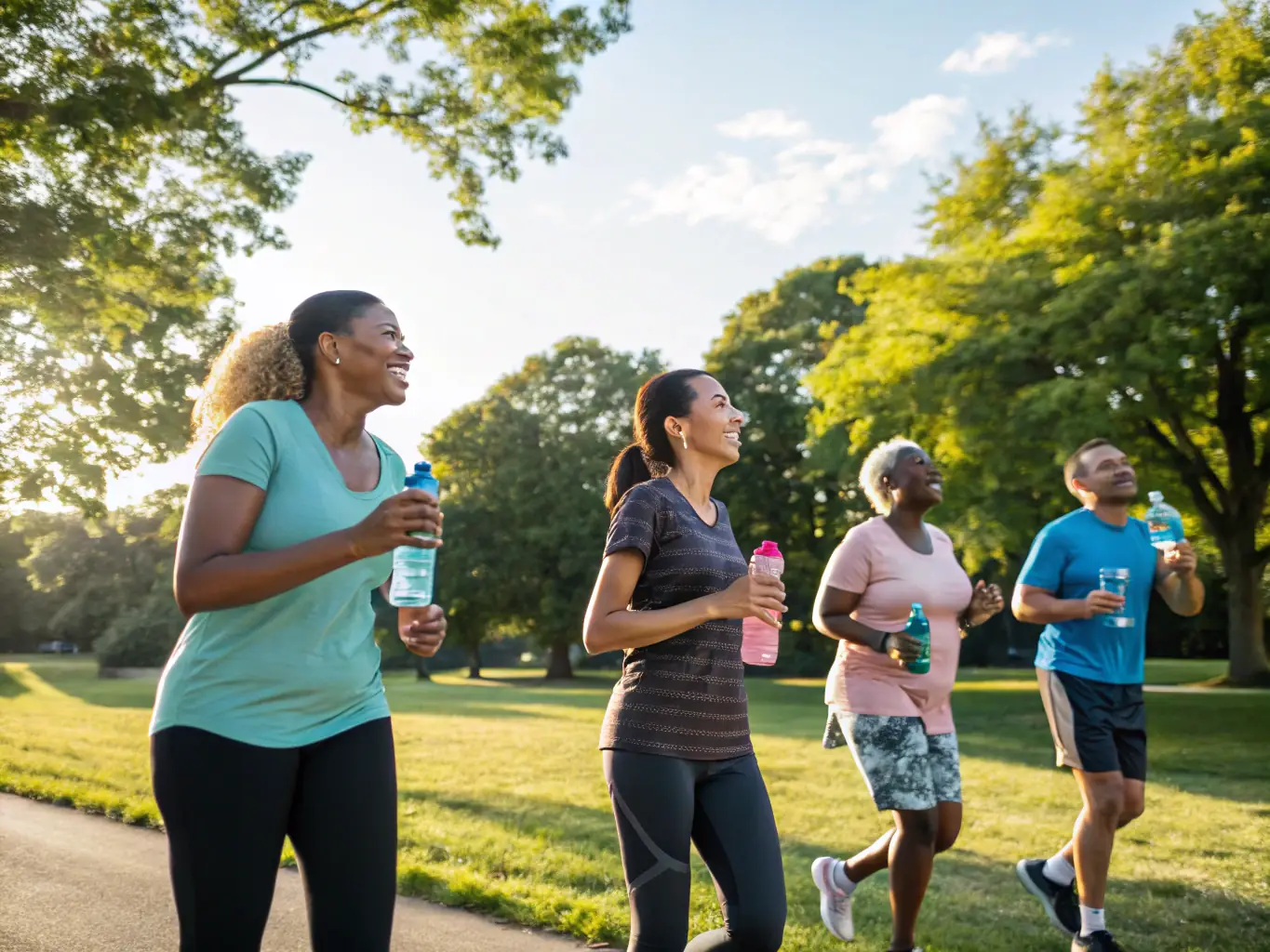 A group of diverse community members participating in a fitness class outdoors, with trainers guiding exercises, showcasing the Community Fitness Programs.
