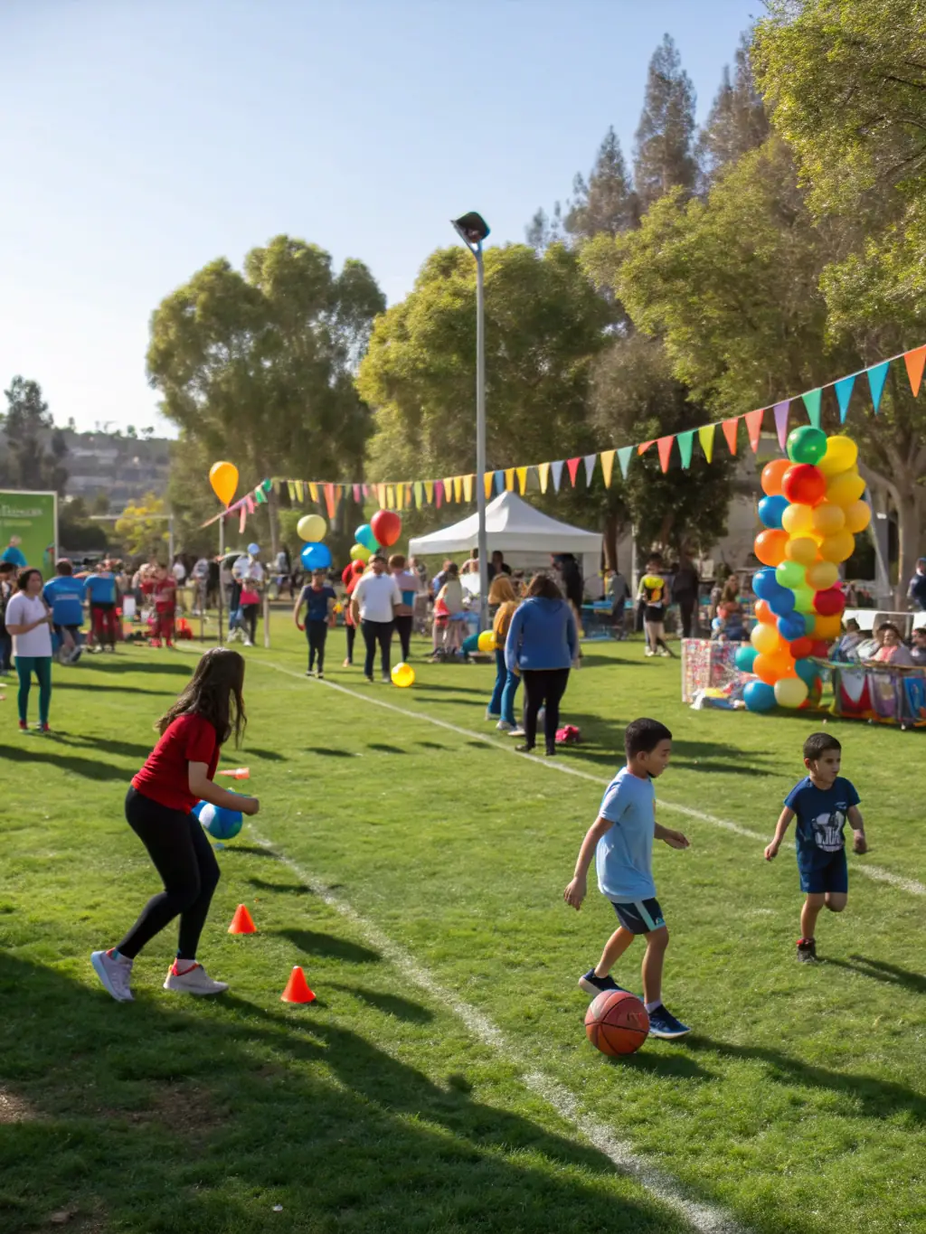 A picture of a community event organized by FCBO FCB Les Olives, featuring families and participants enjoying various football-related activities.