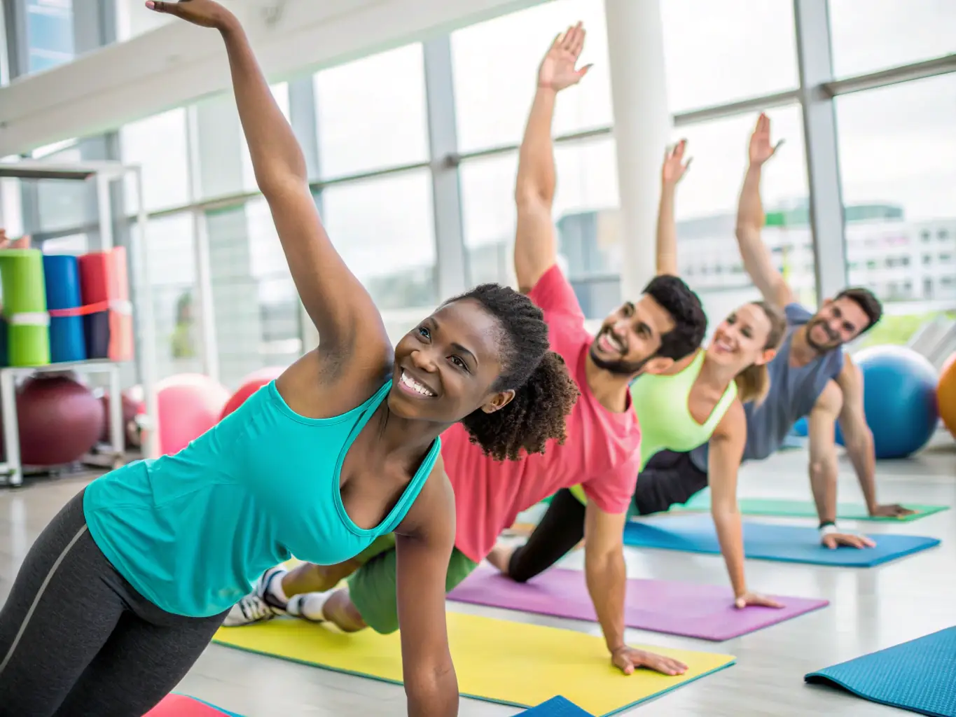 A diverse group of people participating in a structured fitness class, highlighting the variety of activities and the inclusive nature of the program.