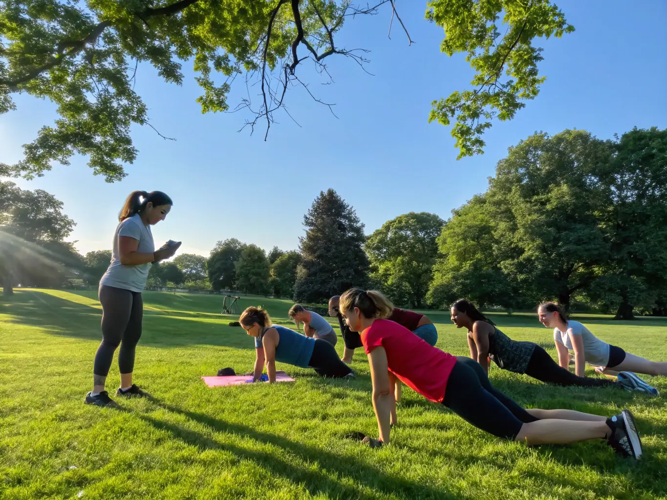 A certified fitness instructor guiding a group of participants through a low-impact exercise routine in a sunny park, emphasizing accessibility and community engagement.